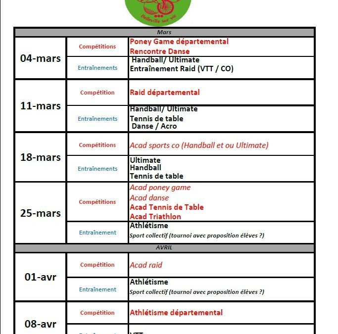 Calendrier AS mars-avril et photos